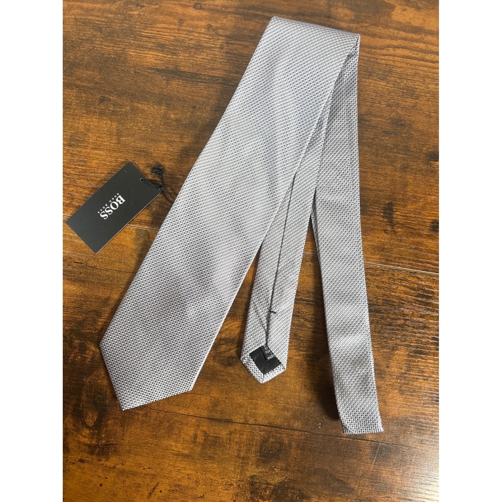 Hugo Boss Mens Light‎ Grey Micro Check Silk Necktie BT1103 Made in Italy NWT